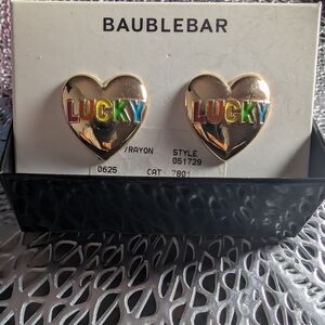 BaubleBar Gold Heart Earrings with Colorful 'Lucky' Design